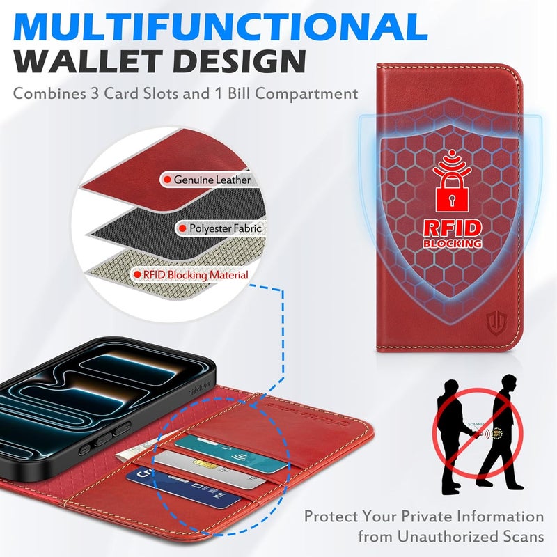 SHIELDON Genuine Leather Case Wallet for iPhone 17 Pro 6.3-inch 2025 | Book Design | Magnetic | Kickstand | RFID Blocking Credit Card Holder | Soft Shockproof Phone Cover | Retro Red - Image 4